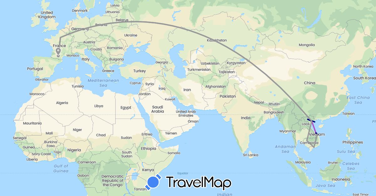 TravelMap itinerary: driving, bus, plane, train, boat in France, Cambodia, Vietnam (Asia, Europe)